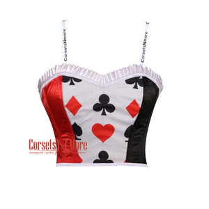 Women’s Queen Of Hearts Red and Black Satin With White Frill Crop Corset Halloween Costume