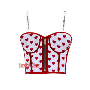 Red Hearts Printed Cotton Crop Corset Overbust Bustier Steampunk Halloween Costume