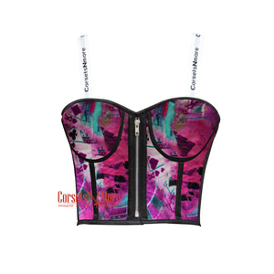 Women’s Printed Colourful Purple Satin Crop Corset Top Gothic Plus Size Corset Top