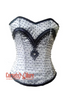 White Satin Black Sequins Gothic Burlesque Bustier Waist Training Overbust Corset Costume