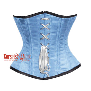 Light Blue Satin Steel Boned With Front White Lace Underbust Corset Gothic Costume