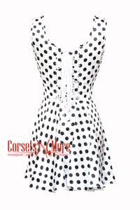 Women’s CorsetsNmore White Satin With Black Polka Dots Shoulder Strap Overbust Plus Size Corset Top