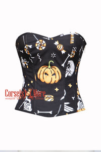 Pumpkin Printed Black Cotton Overbust Corset Halloween Costume