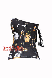 Pumpkin Printed Black Cotton Overbust Corset Halloween Costume