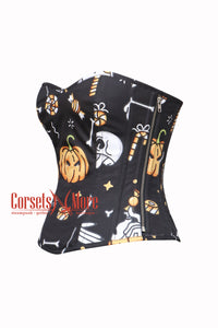 Pumpkin Printed Black Cotton Overbust Corset Halloween Costume