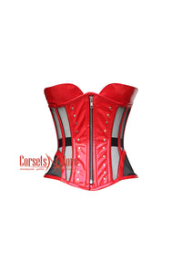 Red PVC Leather With Mesh Zipper Plus Size Underbust Corset