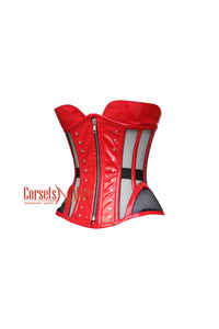 Red PVC Leather With Mesh Zipper Plus Size Underbust Corset