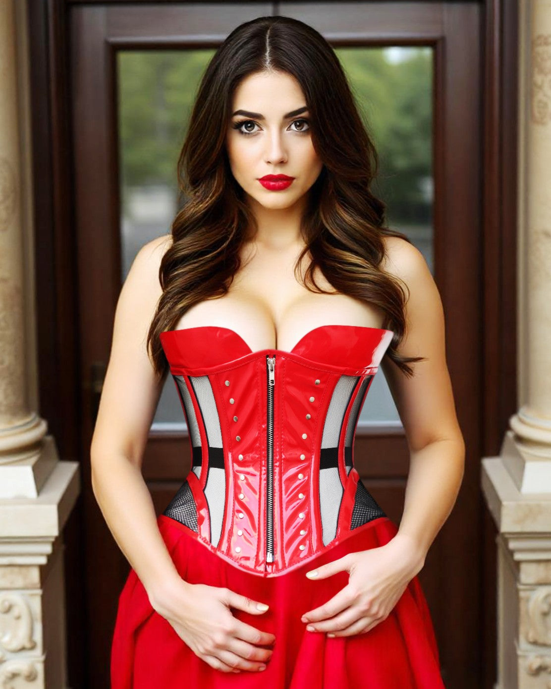 Red PVC Leather With Mesh Zipper Underbust Corset 10XL