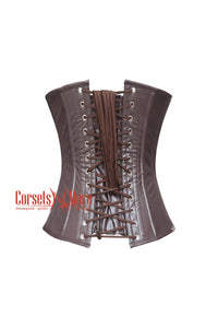 Brown Cotton With Leather Steampunk Costume Longline Zipper Underbust Corset