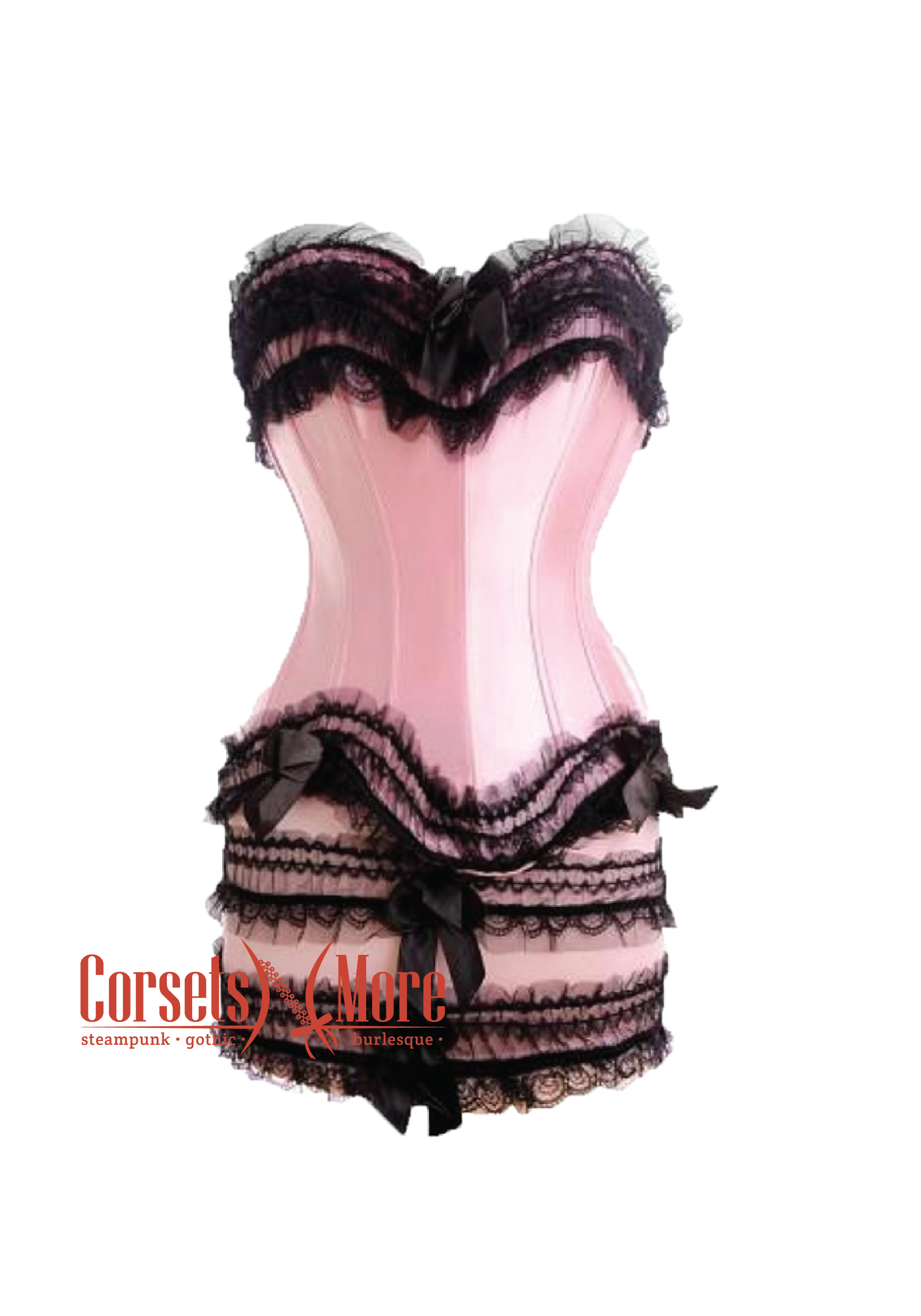 pink burlesque dress Pink Satin Black Frill Burlesque Moulin Rouge Overbust Corset Dress 7XL