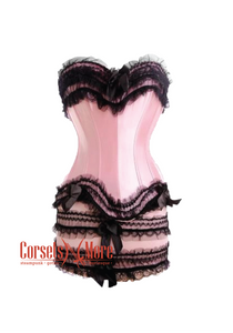 Pink Satin Black Frill Gothic Burlesque Moulin Rouge Waist Training Bustier Costume Overbust Corset Dress