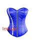 Blue Satin Overbust Zipper Corset Bustier Steel Boned Curvy Costume