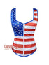 American Flag Overbust Corset With Shoulder Straps – Red Blue Satin Patriotic USA Flag