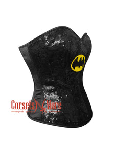 Black Satin Top Gothic Comic Con Costume Bustier Yellow Bat Sequins Corset Top Overbust