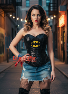 Black Satin Top Gothic Comic Con Costume Bustier Yellow Bat Sequins Corset Top Overbust