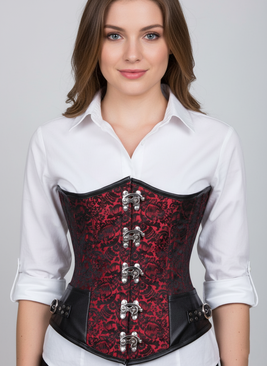 Red Black Brocade Leather LONGLINE Underbust Plus Size Corset Red Black Brocade Leather LONGLINE Underbust Plus Size Corset
