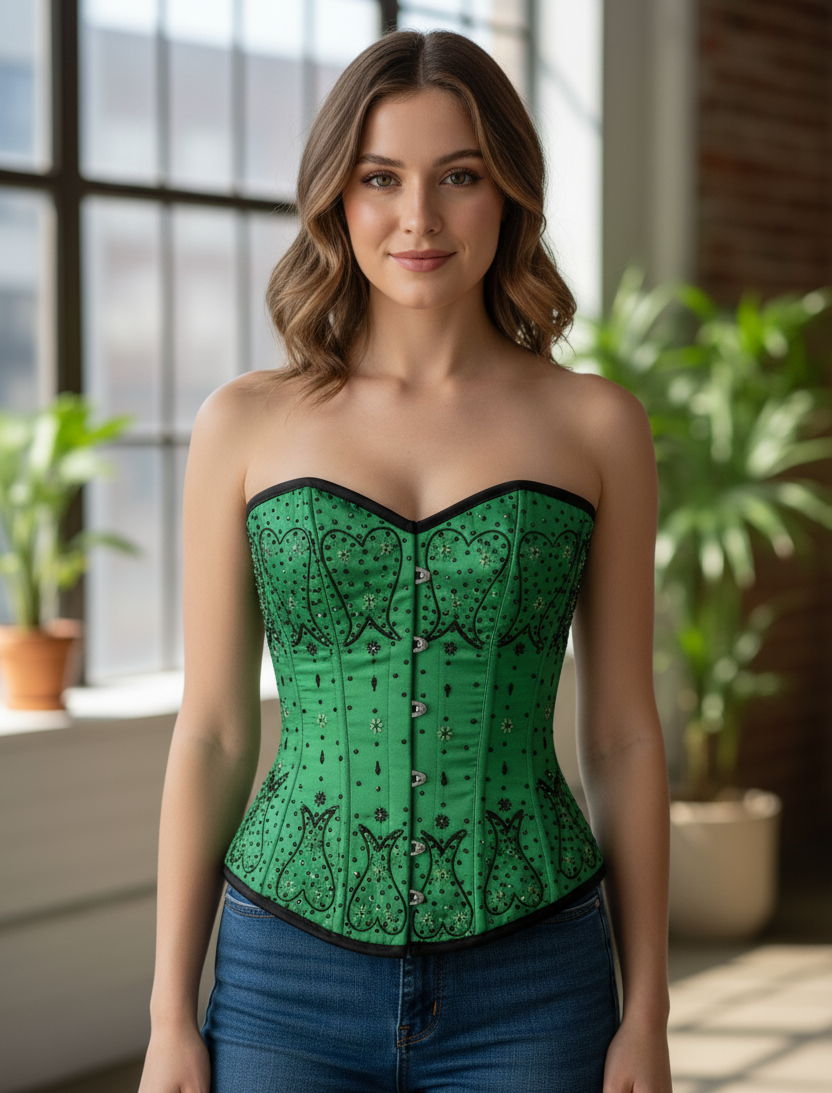 Green Satin Black Sequins Gothic Burlesque Overbust Corset Green Satin Black Sequins Gothic Burlesque Overbust Corset