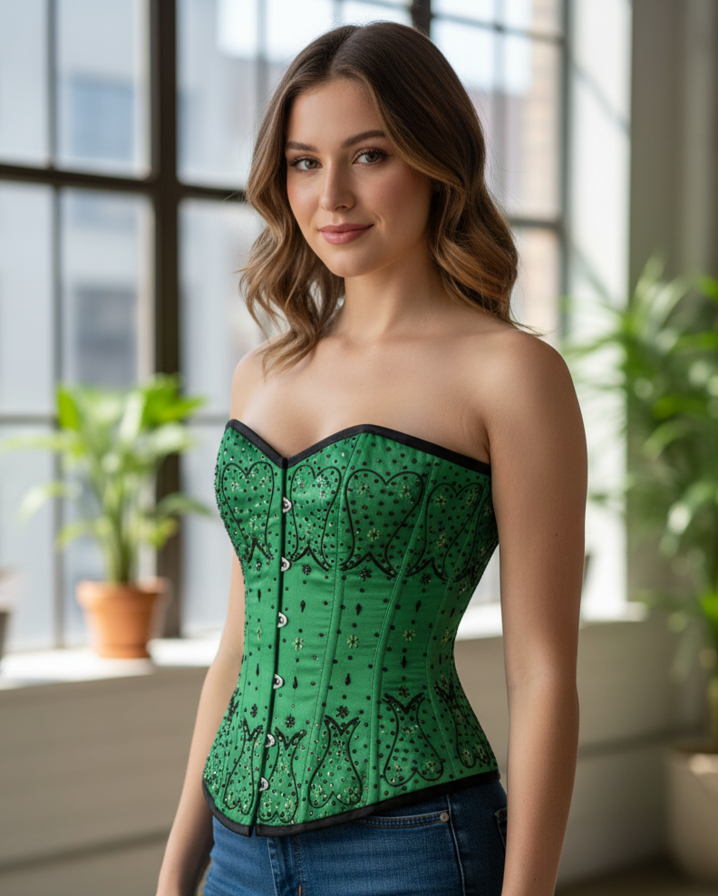 Green Satin Black Sequins Gothic Burlesque Overbust Corset Green Satin Black Sequins Gothic Burlesque Overbust Corset