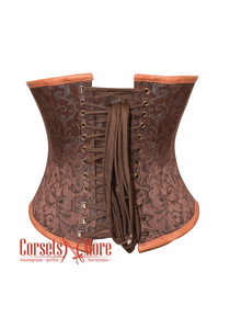 Brown Brocade & Leather Belt Gothic Steampunk Waist Training Bustier Underbust Corset Costume