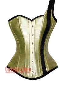 Olive Green Silk One Shoulder Strap Gothic Burlesque Bustier Waist Training Overbust Corset Costume