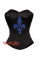 Black Satin Blue flower-de-luce Print Gothic Burlesque Waist Training Bustier Overbust Corset Costume