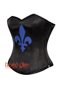 Black Satin Blue flower-de-luce Print Gothic Burlesque Waist Training Bustier Overbust Corset Costume