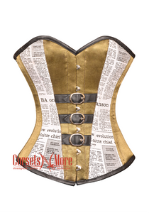 Alpine Yellow Satin Black Newspaper Print Cotton & Leather Belts Gothic Steampunk Bustier Waist Training Overbust Corset Costume