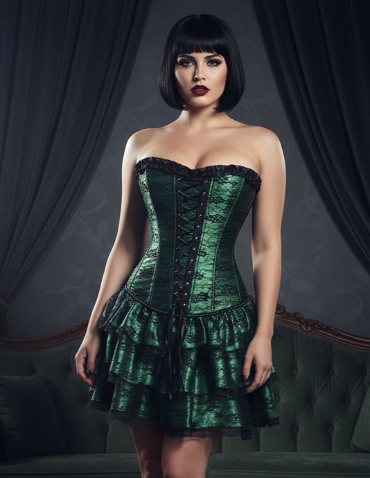 burlesque green dress Satin Silver Sequins Corset Gothic Overbust 11XL Dont wait for somebody to you Reese Witherspoon A Green color corset dress of satin With silver thread Embroidery on front And white net three layer frill on skirt Da neena m076 showgirl vegas