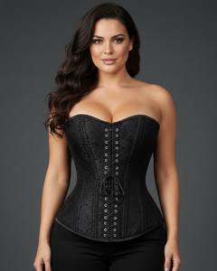 Black Brocade Overbust Plus Size Corset Front Opening Bustier Top