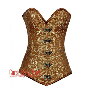 Plus Size Brown And Golden Brocade Longline Front Clasp Burlesque Gothic Overbust Corset