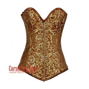 Plus Size Brown And Golden Brocade Longline Front Zipper Burlesque Gothic Overbust Corset