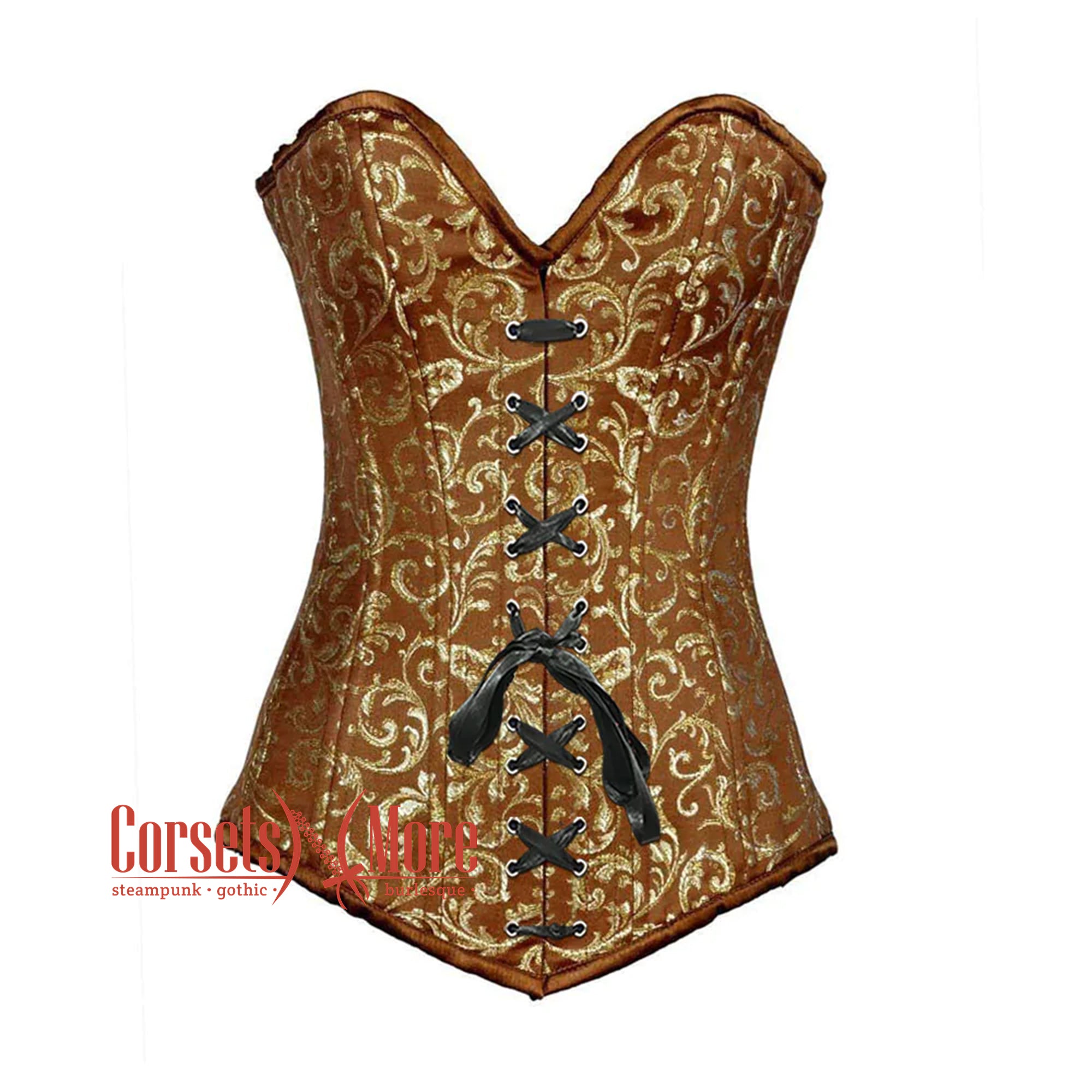 Brown And Golden Brocade Long Front Lace Overbust Corset Bustier
