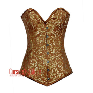 Plus Size Brown And Golden Brocade Long Burlesque Gothic Overbust Corset Bustier Top