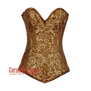 Plus Size Brown And Golden Brocade Longline Burlesque Gothic Overbust Corset Bustier Top