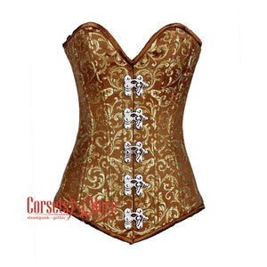 Plus Size Brown And Golden Brocade Long Front Clasp Burlesque Gothic Overbust Corset