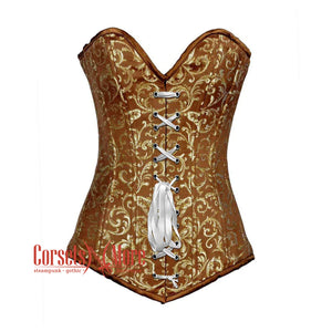 Plus Size Brown And Golden Brocade Longline Front Lace Burlesque Overbust Corset Bustier Top