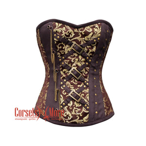 Plus Size Brown And Golden Brocade Burlesque Gothic Overbust Corset Bustier Top