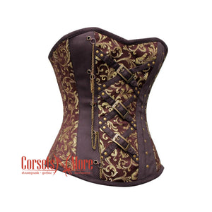 Plus Size Brown And Golden Brocade Burlesque Gothic Overbust Corset Bustier Top