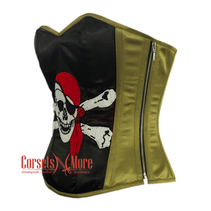 Olive Green and Black Satin Pirate Sequins Work Costume Bustier Steampunk Waist Cincher Overbust Top