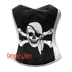 Black and White Satin Pirate Sequins Work Costume Bustier Steampunk Waist Cincher Overbust Top
