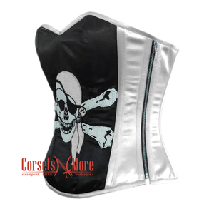 Black and White Satin Pirate Sequins Work Costume Bustier Steampunk Waist Cincher Overbust Top