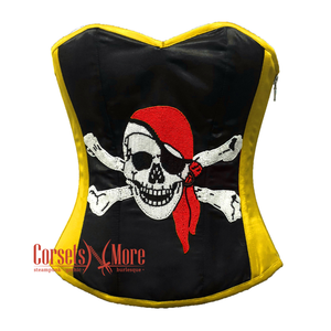 Plus Size Black and Yellow Satin Pirate Sequins Hand Work Costume Bustier Steampunk Waist Cincher Overbust Top