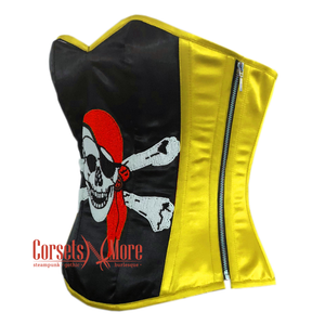 Plus Size Black and Yellow Satin Pirate Sequins Hand Work Costume Bustier Steampunk Waist Cincher Overbust Top