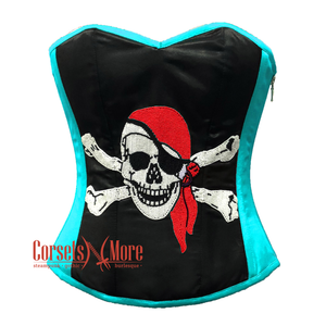 Plus Size Baby Blue and Black Satin Pirate Sequins Hand Work Costume Bustier Steampunk Waist Cincher Overbust Top