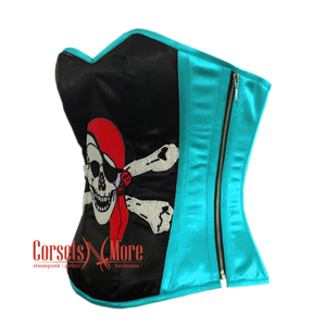 Plus Size Baby Blue and Black Satin Pirate Sequins Hand Work Costume Bustier Steampunk Waist Cincher Overbust Top