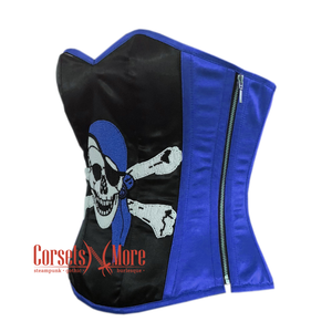 Plus Size Blue and Black Satin Pirate Sequins Hand Work Costume Bustier Steampunk Waist Cincher Overbust Top