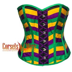 Green Purple and Yellow Satin Striped Costume for Mardi Gras Overbust Corset Top