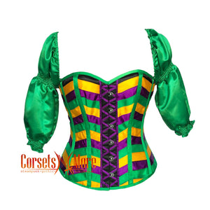 Green Purple and Yellow Striped Satin Mardi Gras Costume Corset With Puff Sleeves