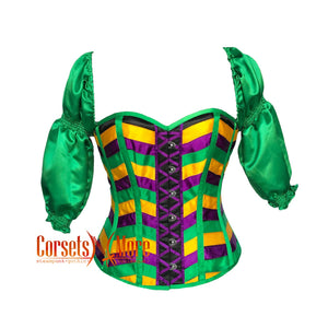 Plus Size Green Purple and Yellow Striped Satin Mardi Gras Costume Corset With Puff Sleeves