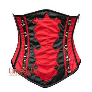 Plus Size Red Satin Black Leather Gothic Costume Halloween Bustier LONGLINE Underbust Corset Party Top